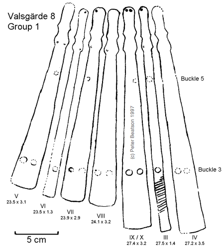 Figure 7 - Valsgärde 8, splints of Group 1 armguard. (drawing: PB, after Arwidsson 1954 pl. 7). 	