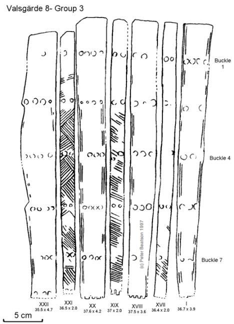 Figure 9 - Valsgärde 8, splints of Group 3 right leg. (drawing: PB, after Arwidsson 1954 pl. 9).