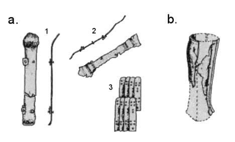     Figure 13 - a. Kozji Skaly: 1- splint from greave; 2 - splint from vambrace; 3 - associated lamellae from body armour. b. Borisov: reconstruction of tubular greave, see Catalogue, 4     (source: Gorelik, pl. XI-5).